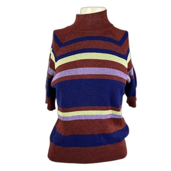 Zara Womens Striped Turtleneck Short Sleeve Knit Shirt Top Red Multi Size Medium - Picture 1 of 9